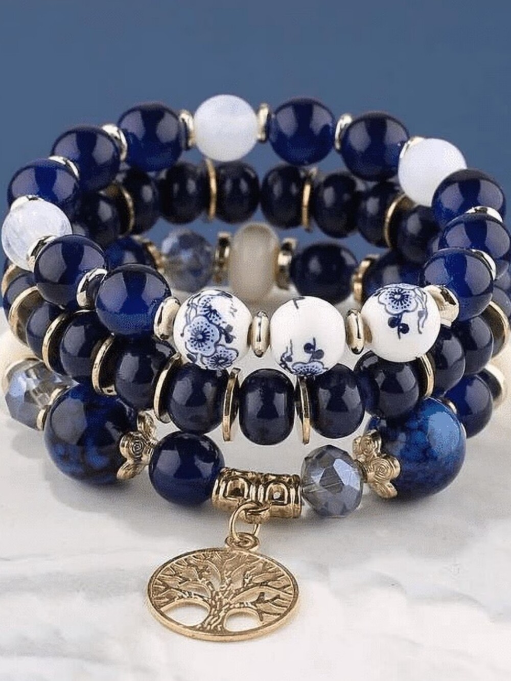 Blue Beaded Stretch Bracelet Set with Gold Tree Charm- NWT